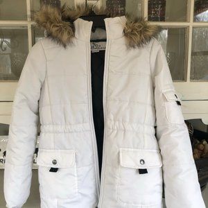 Girls White Puffy Coat with Fur on Hood